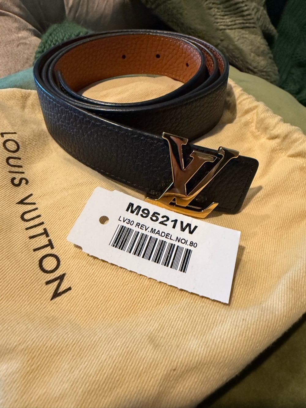 Louis Vuitton Black Leather Belt with Gold LV Buckle